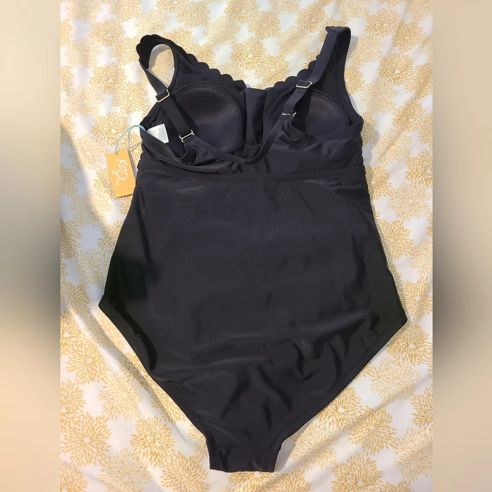 Kona  sol black scalloped edge faux lace front one piece swim suit